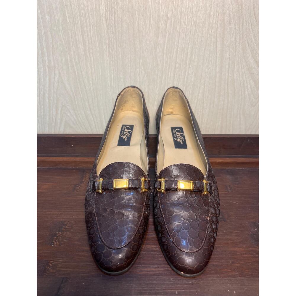 Vintage Selby Brown Embossed Leather Loafers with Gold Buckle Detail